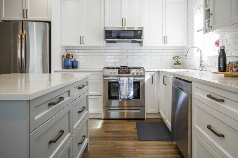 A kitchen island and countertop in a newly renovated kitchen.